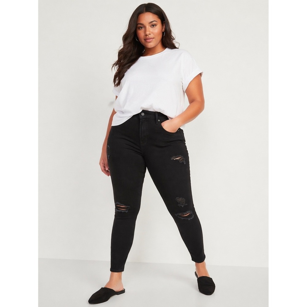 Old Navy Pop Icon Skinny Mid Rise Black Distressed Jeans Size 24 3X NEW Womens‎